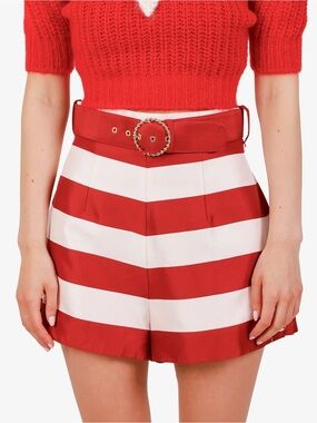 Zimmermann Red & White High-Waist Striped Belted Shorts